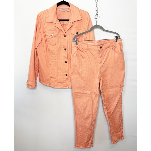 Chico's Cantaloupe 2 Piece Denim Set Size 2/L Jean Jacket Ankle Pants Stretch - Picture 3 of 14